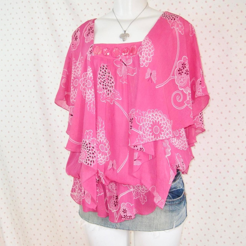 Y2K Pink Floral Babydoll Top Ruffle Sleeve boho Dressbarn